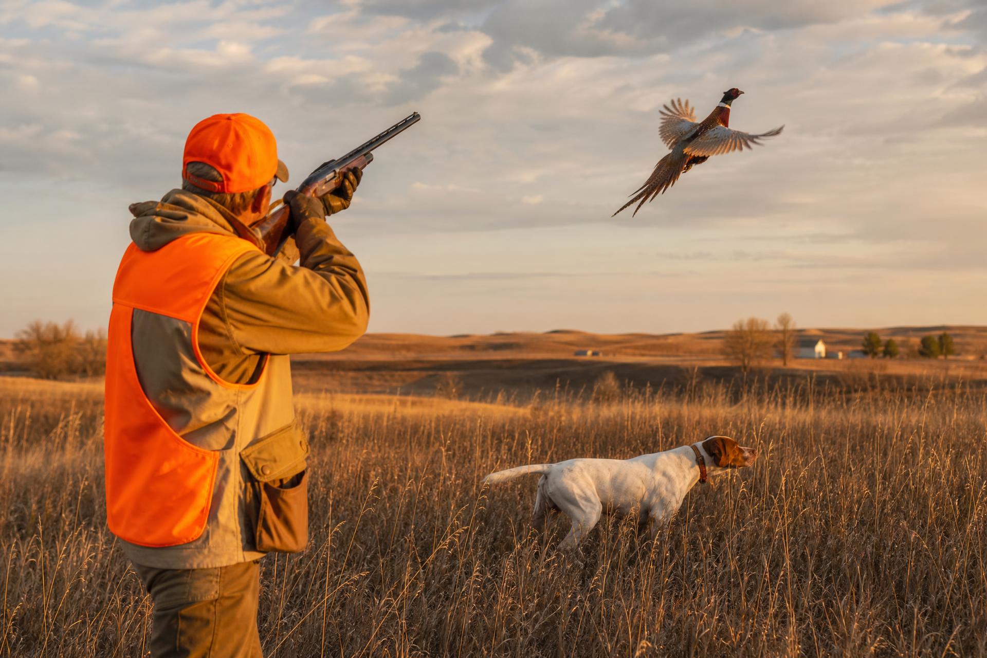 A hunter raising his shotgun on a flushing ring-necked pheasant while a pointer dog stands on point in the South Dakota prairie